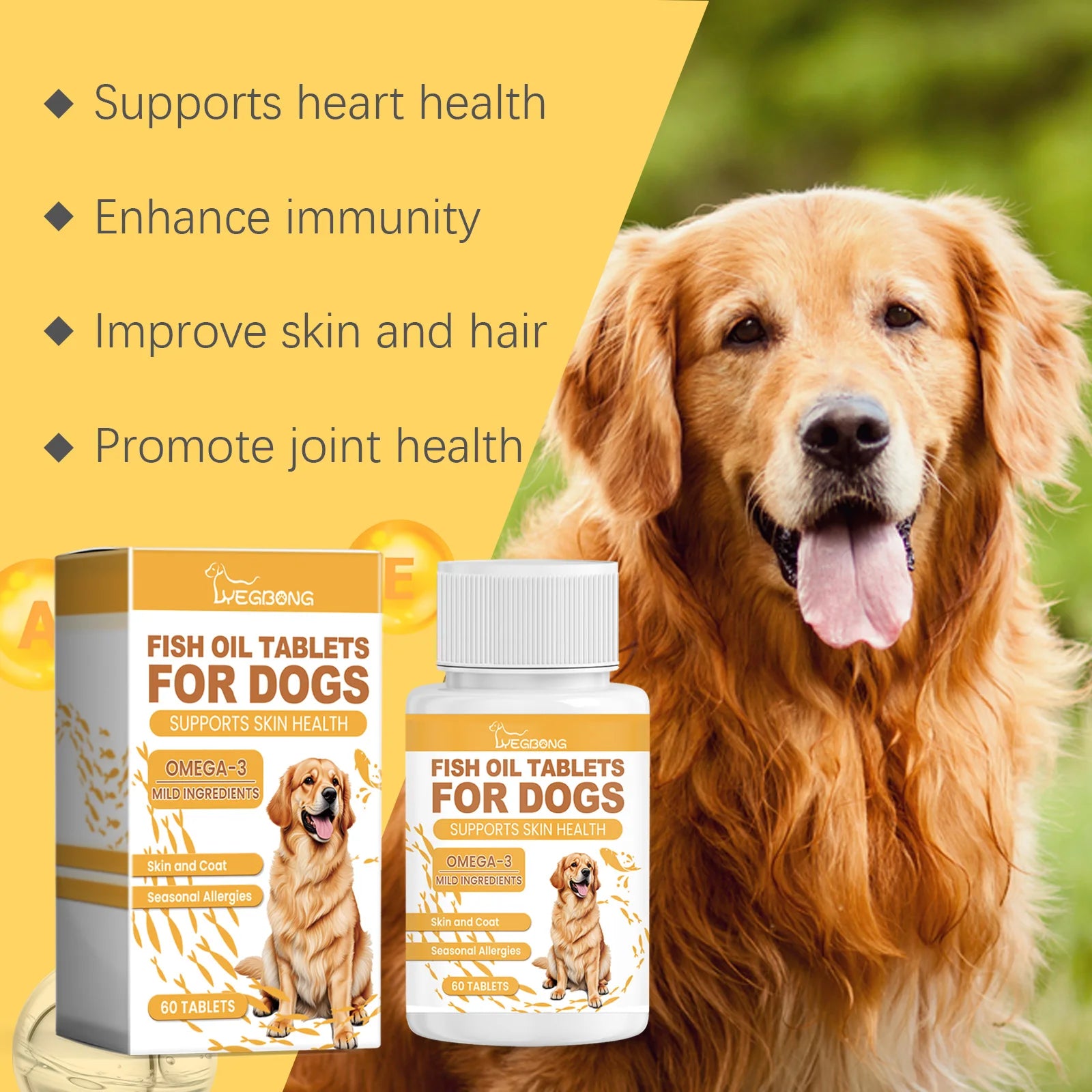 60pcs Omega-3 Fish Oil Tablets for Dogs Skin Care Nutrition Relieve Dry Itchy Skin