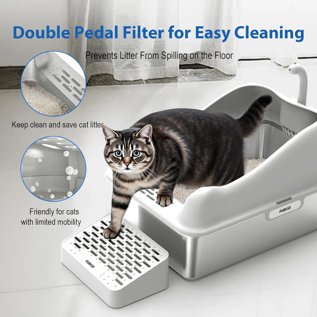 XL Stainless Steel Cat Litter Box with Lid, High-Sided Pan for Big Cats, Anti-Leak & Easy Clean