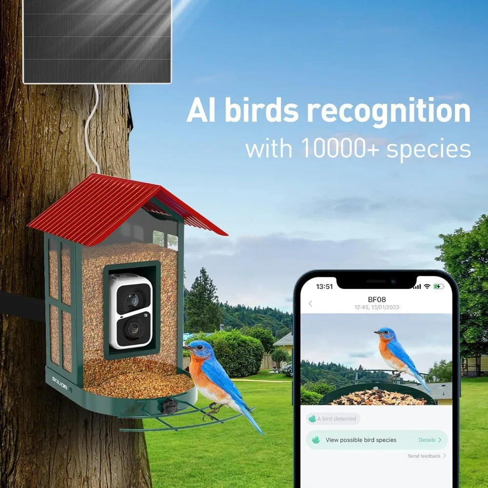 Solar Bird Feeder with Camera for Outdoors - Durable Metal AI Smart Birdhouse Squirrel Proof