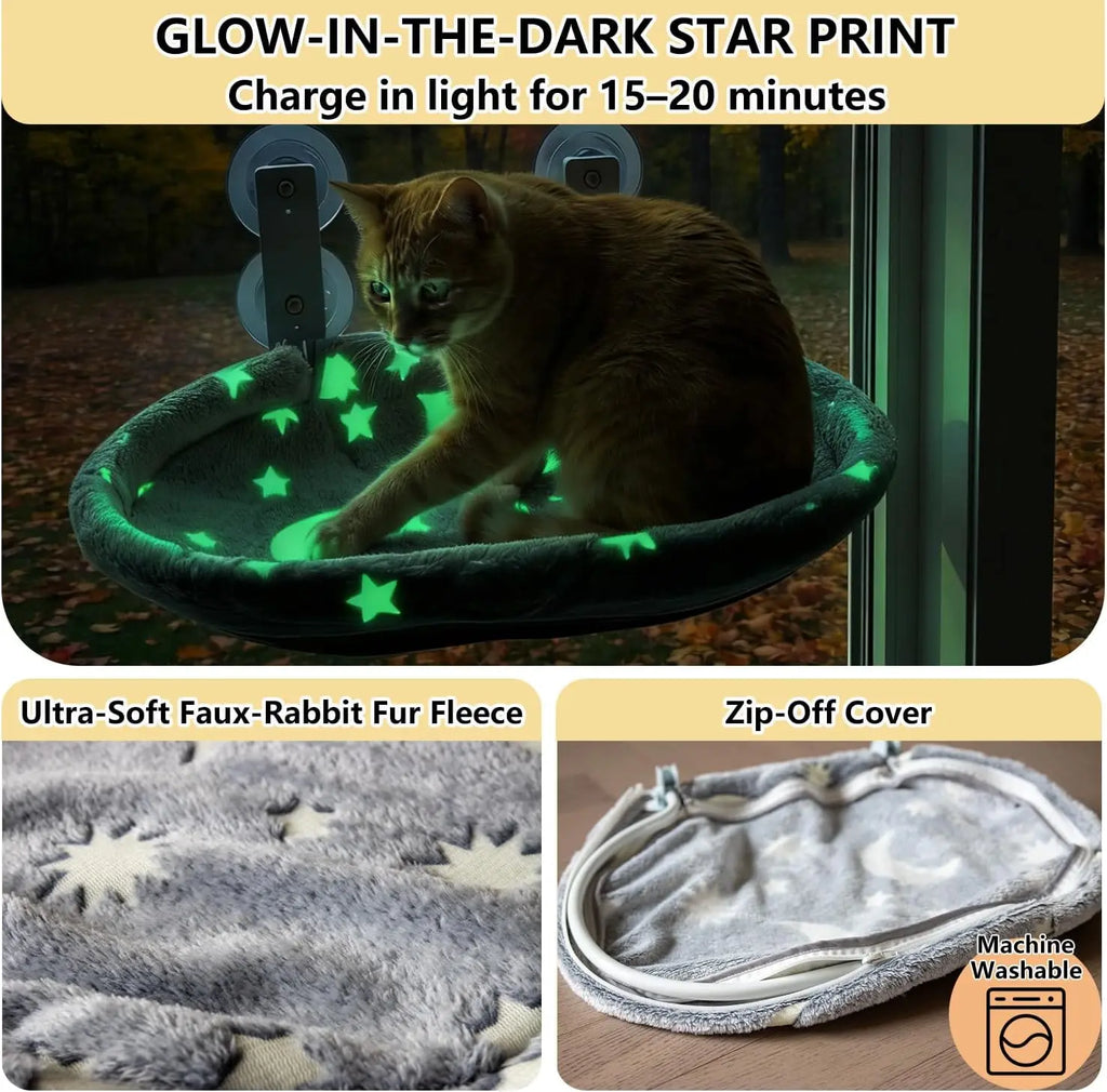 Cat Window Perch Hammock - Glow in The Dark With Sturdy Metal Frame & Strong Suction Cups