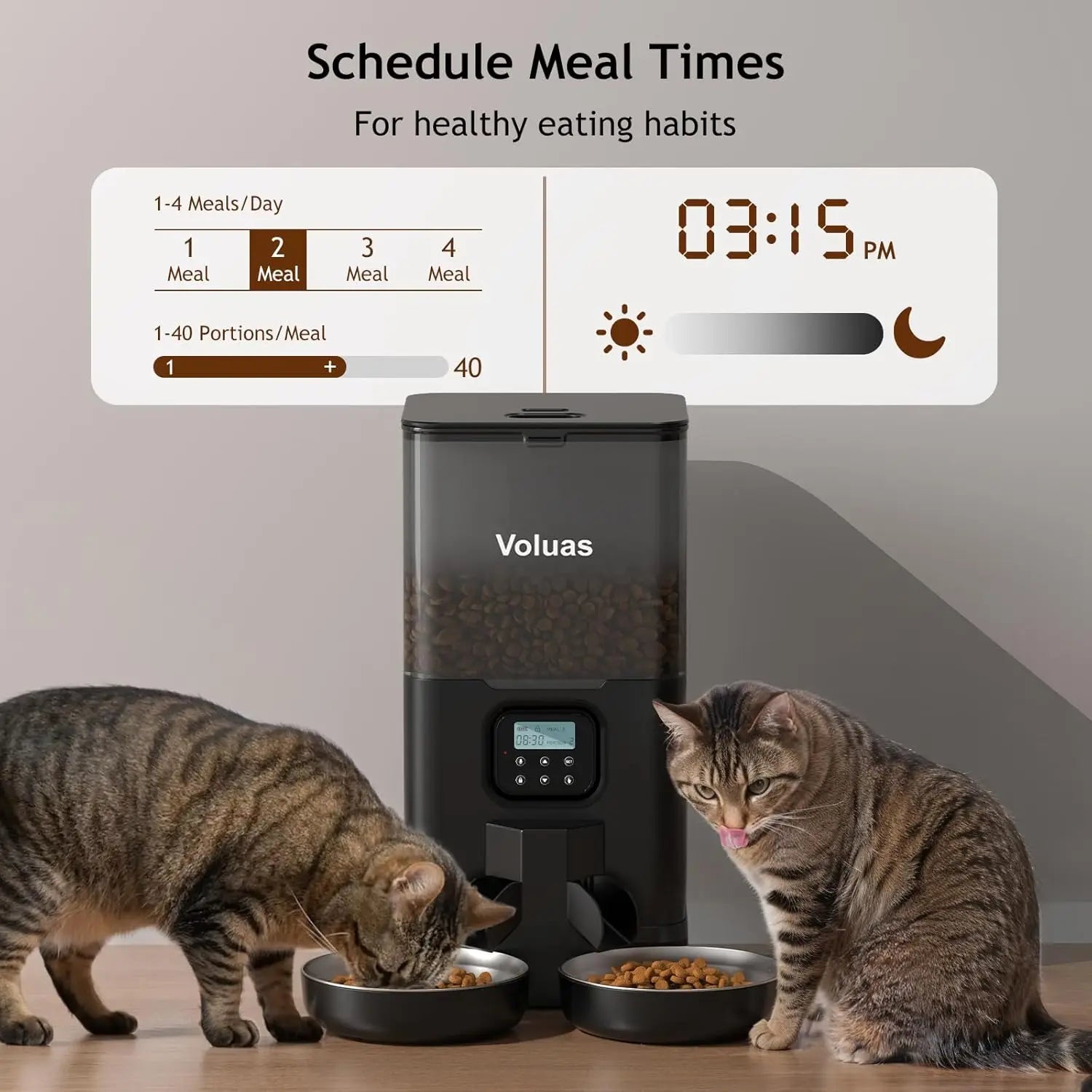 Automatic Double Cat Feeder with Timer, Memory, and 2 Stainless Steel Bowls for Healthy Pet Diet