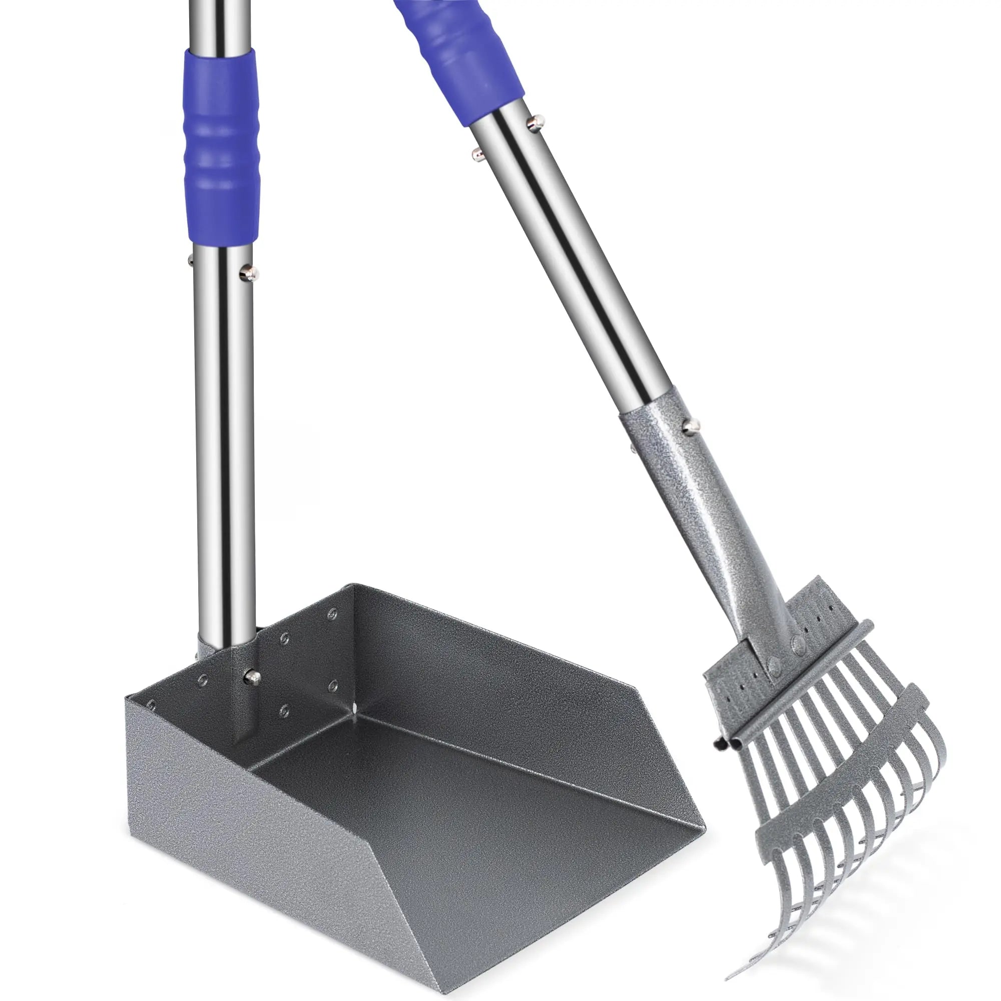 Dog Pooper Scooper, Dog Poop Tray and Rake Set,  Long Adjustable Sectional Stainless Handles