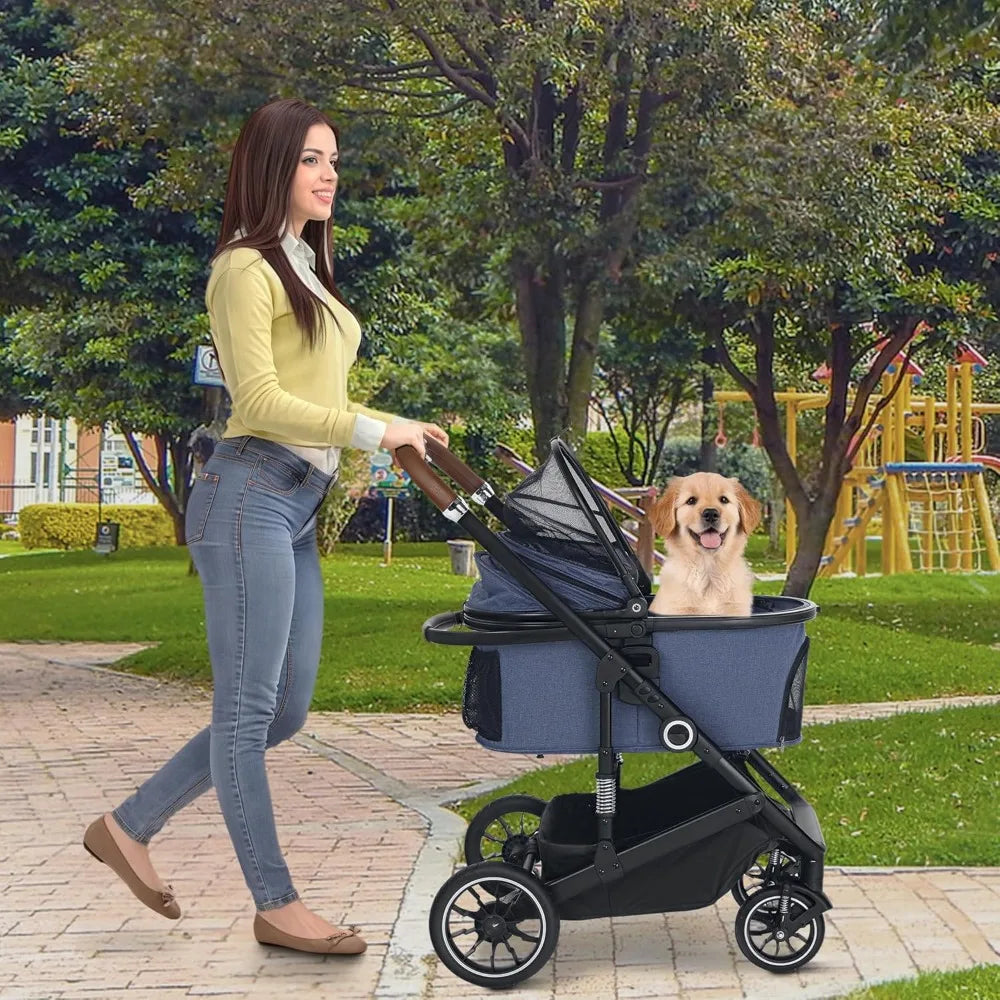 Pet Stroller with 4 Wheels, 3 in 1 Folding Puppy Strollers for Small/Medium Dogs Cats up to 50lbs, Lightweight Pet Travel Carrie