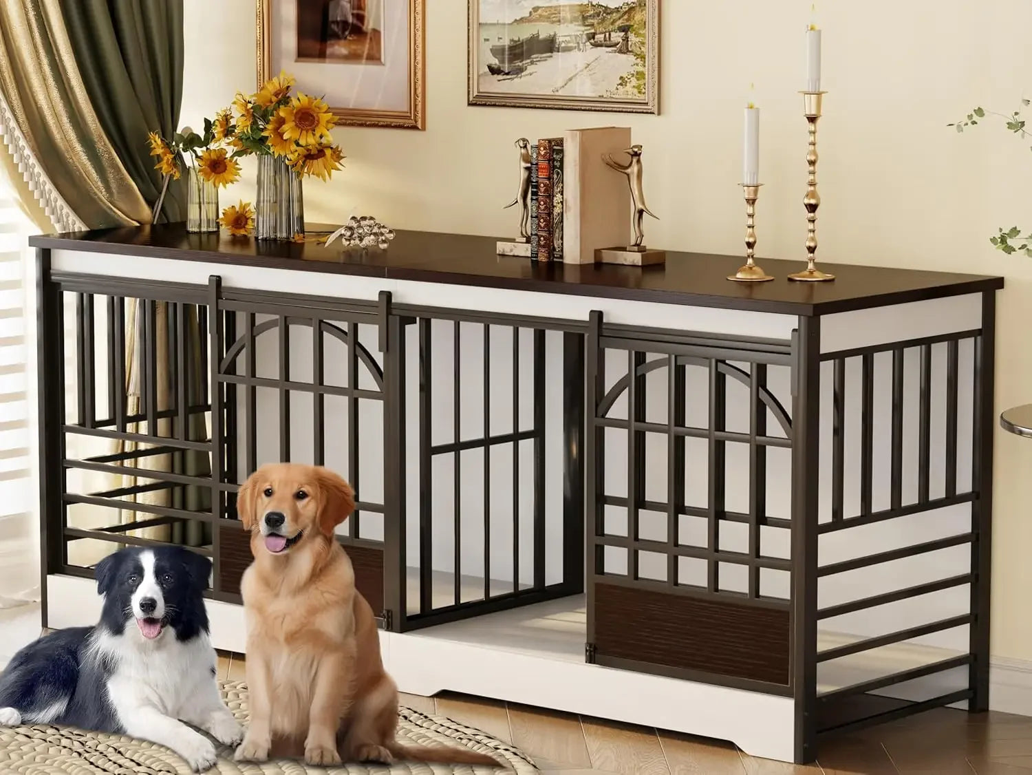 Double Dog Crate Furniture, Extra Large Dog Kennel Indoor with Divider