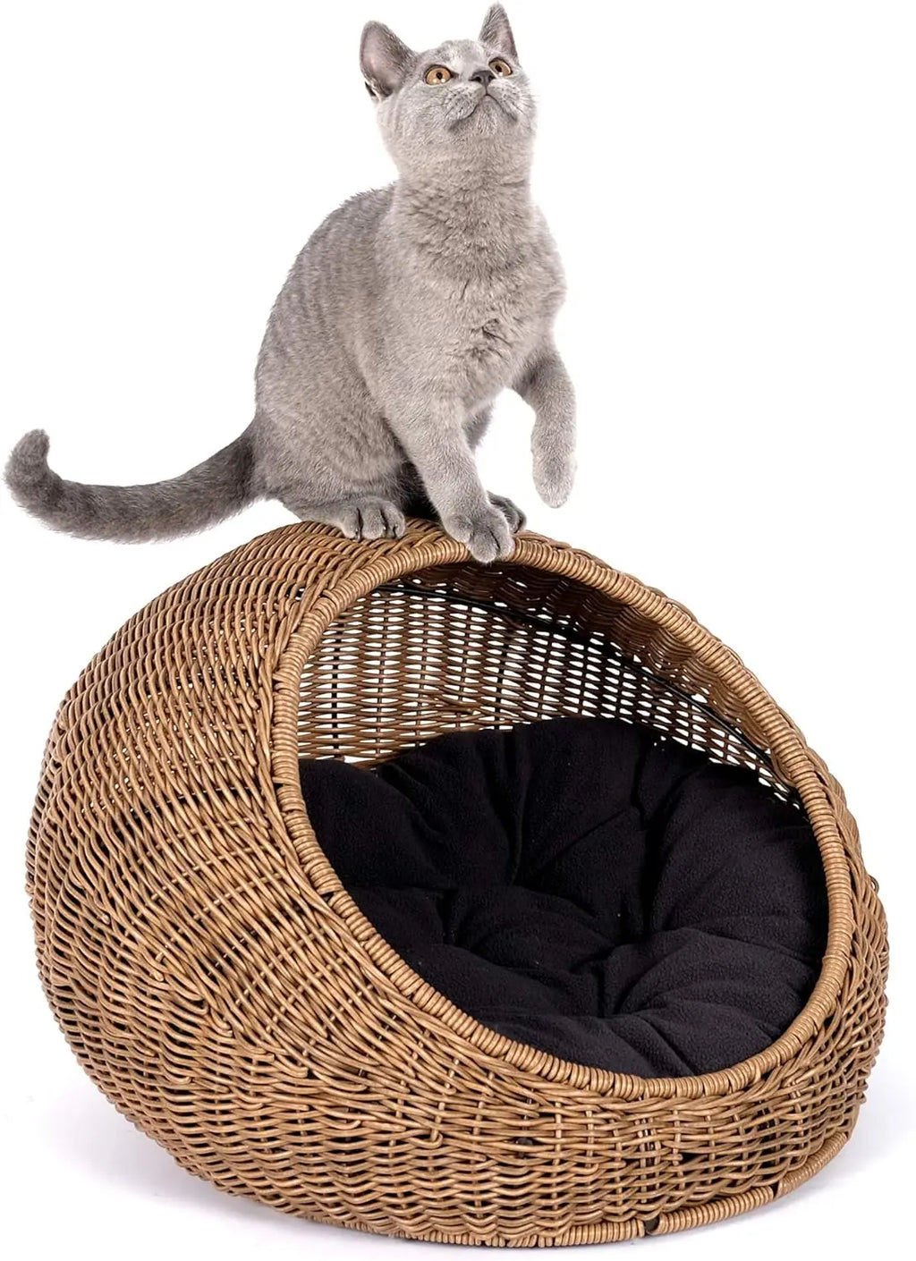 Wicker Cat Bed Dome for Medium Indoor Cats - Covered Hideaway Hut with Washable Cushion