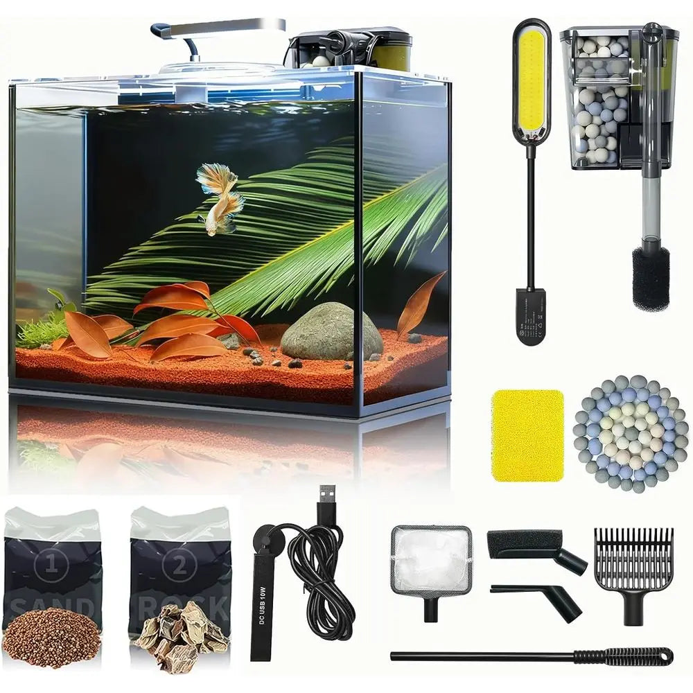 3 Gallon Small Aquarium Set Glass Fish Tank With Heater, Water Pump, Cleaning System, Filter Bright Light, Rocks