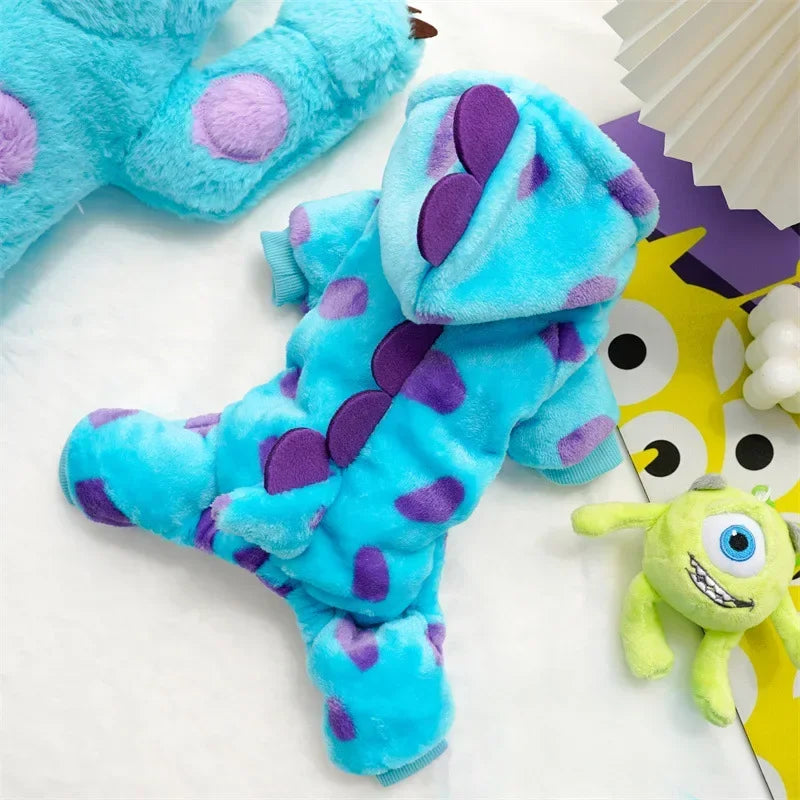 Pet Clothing Dog Cat Autumn and Winter Thickened Warm Blue Dinosaur Hooded Coat