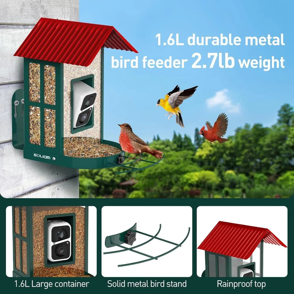 Solar Bird Feeder with Camera for Outdoors - Durable Metal AI Smart Birdhouse Squirrel Proof