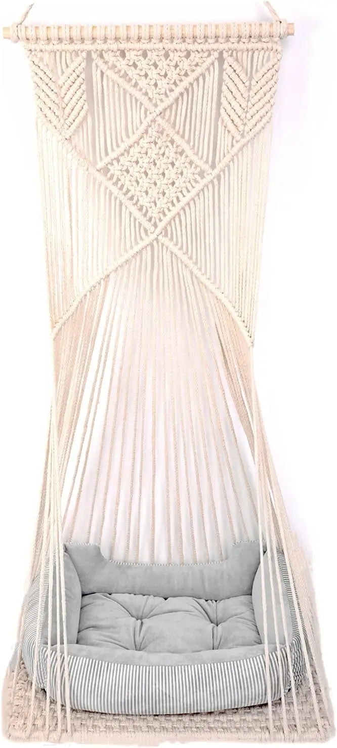 Macrame Hanging Cat Hammock Space Saving Window Perch with Washed Cotton