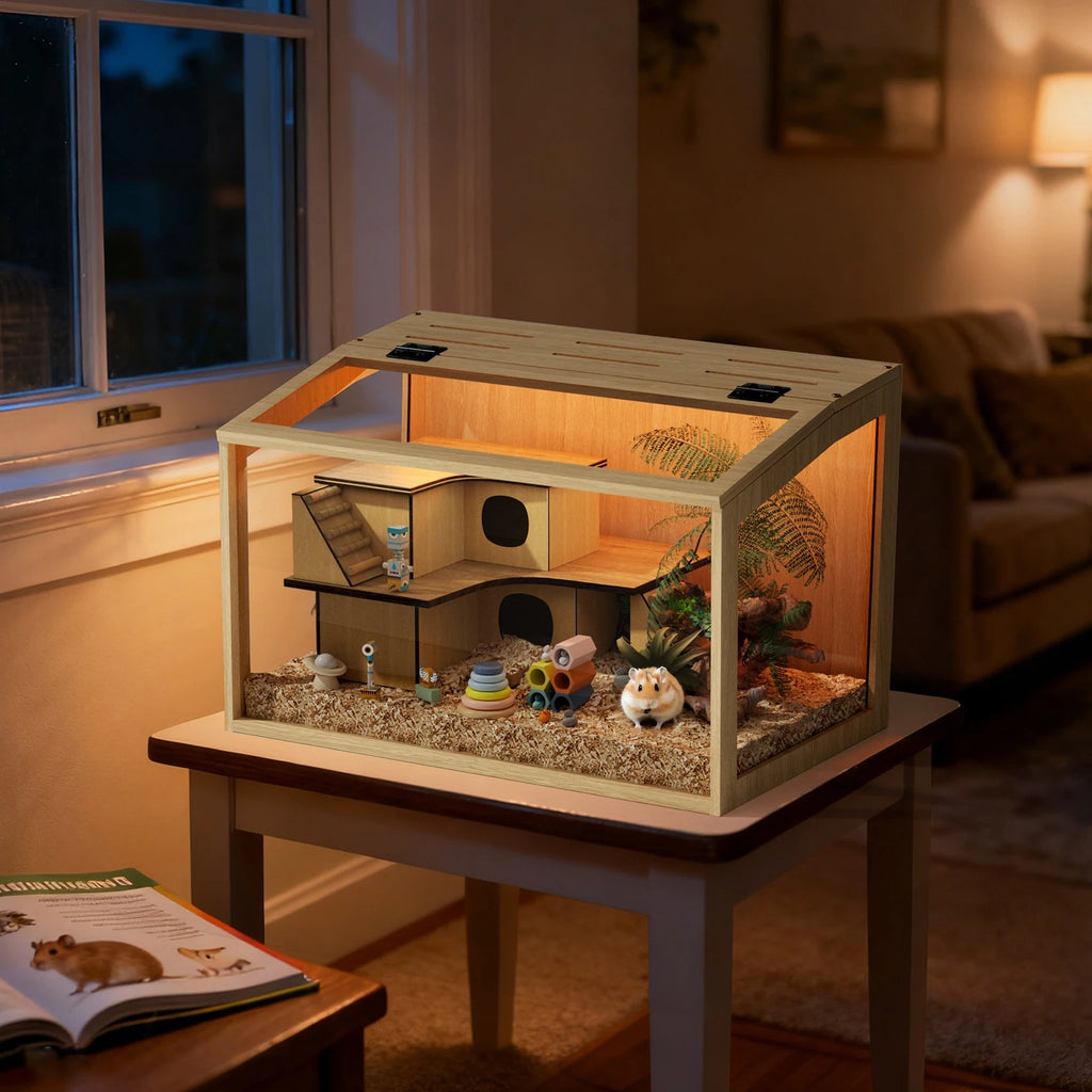 Wooden Hamster/Guinea Pig Cage with Open top Wooden Frame Tempered Glass Panels