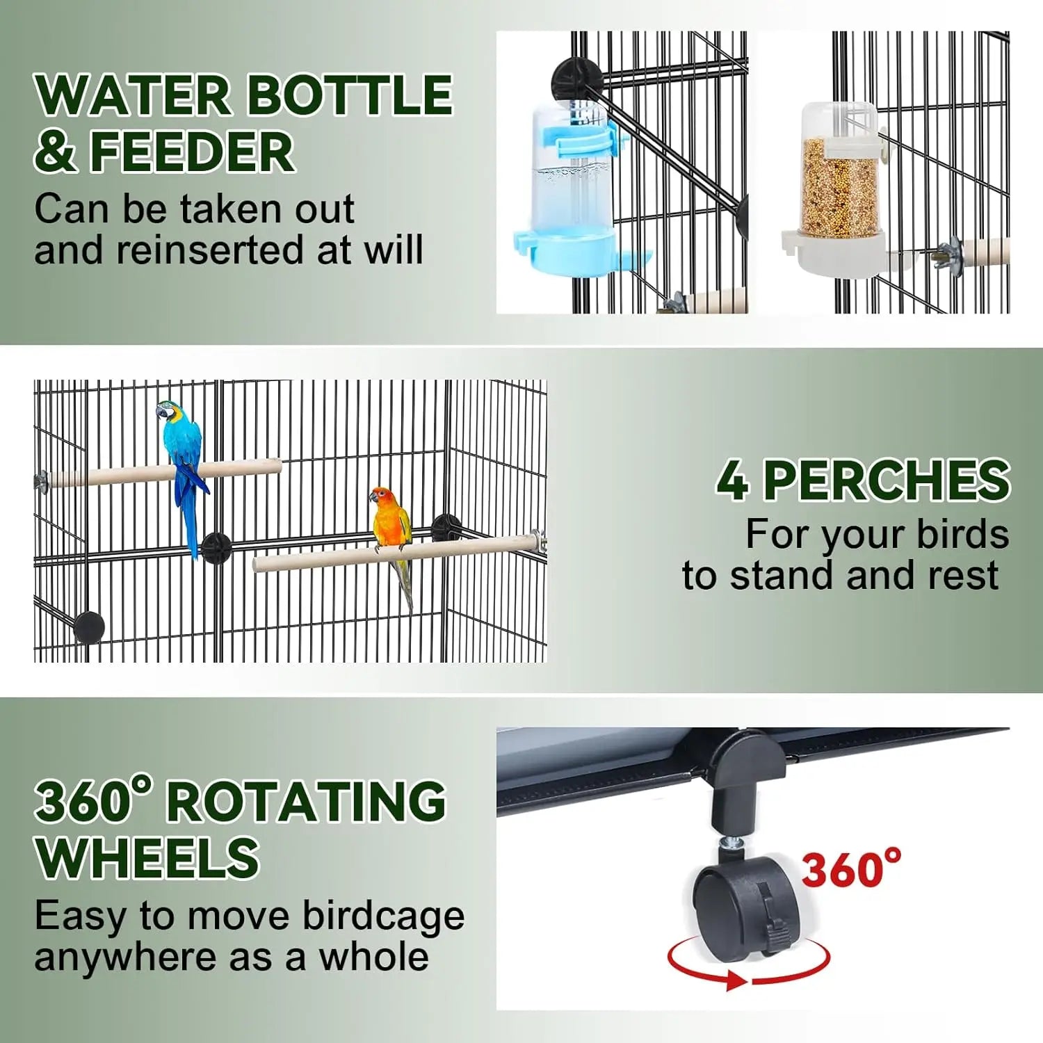 46-Inch Spacious Bird Cage with Wooden Perches, Slide-Out Tray, Water Bottle & Feeder