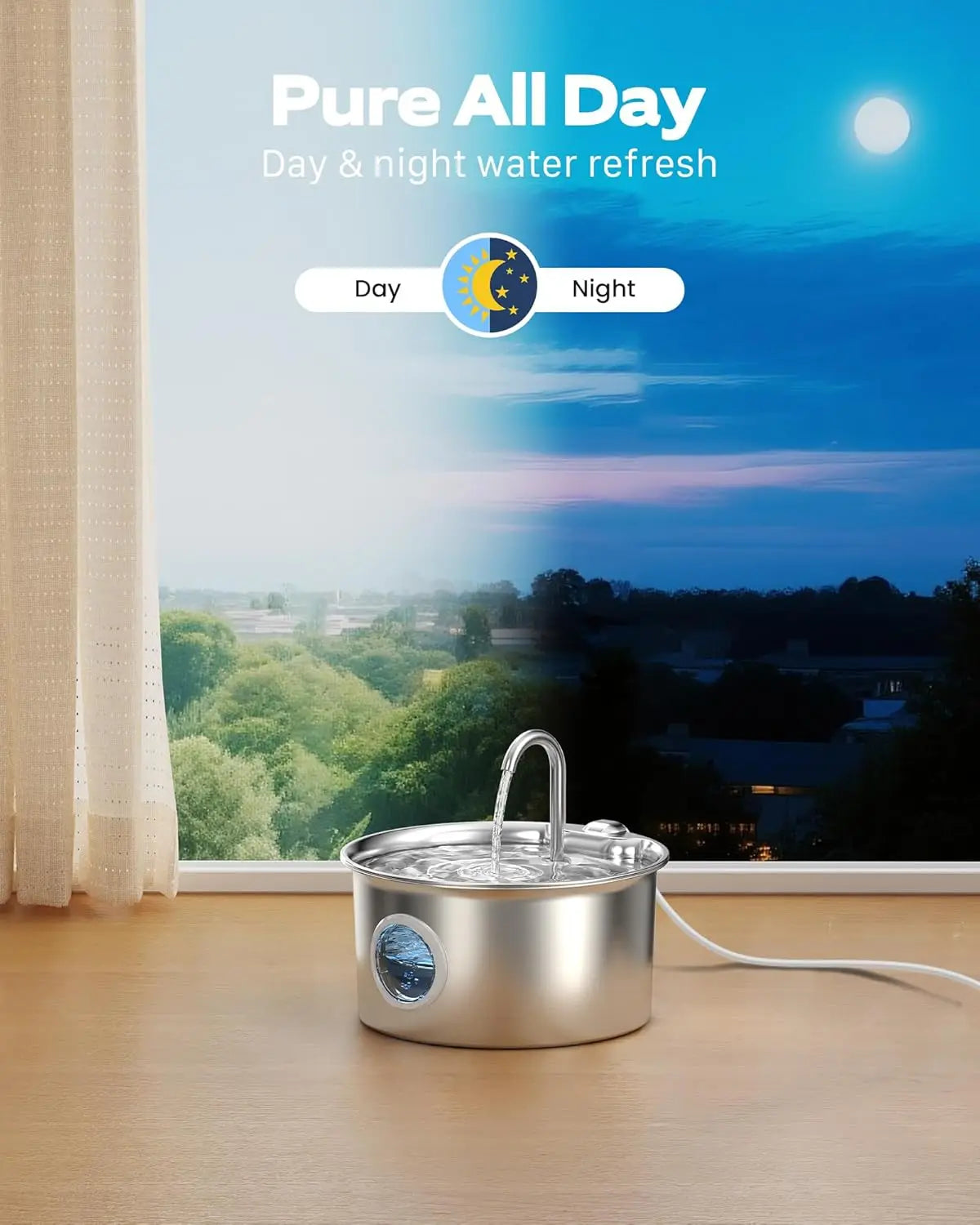 Stainless Steel Cat Water Fountain with 8 Filters & Sponges - 2.6L Quiet Pet Drinking Bowl