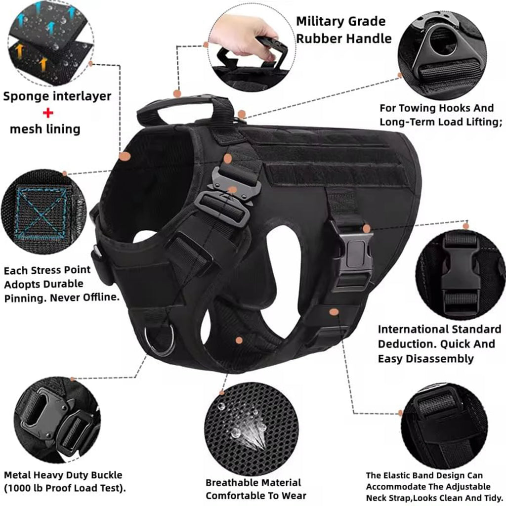 Tactical Dog Harness Collar With Pouches For Medium Large Dogs
