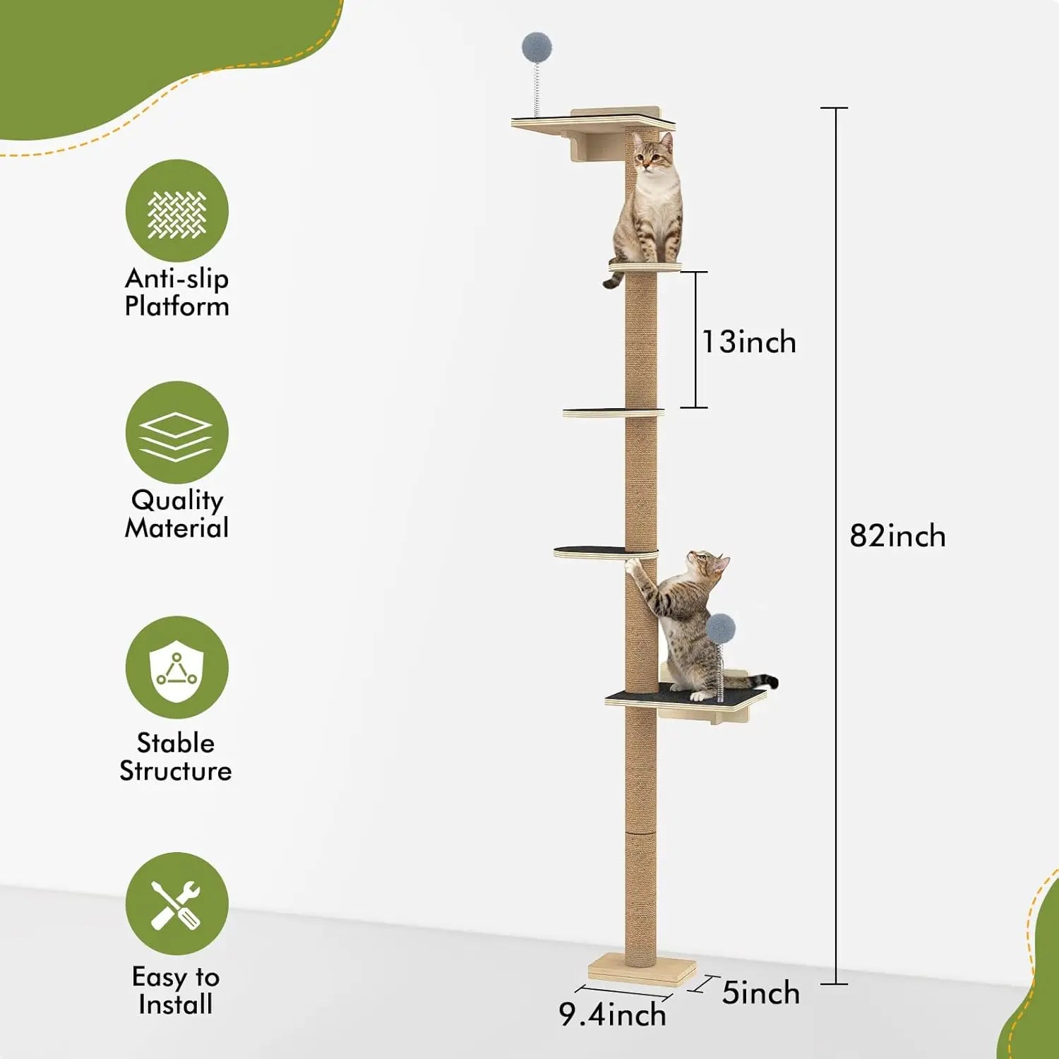 Tall Cat Tree Wall Mounted for Large Cats, 82 inch Scratching Post with Toys
