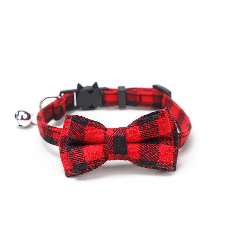 Pet Breakaway Cat Collar Bow Tie and Bell Cute Plaid, Elastic Adjustable Dog Collar With Sash