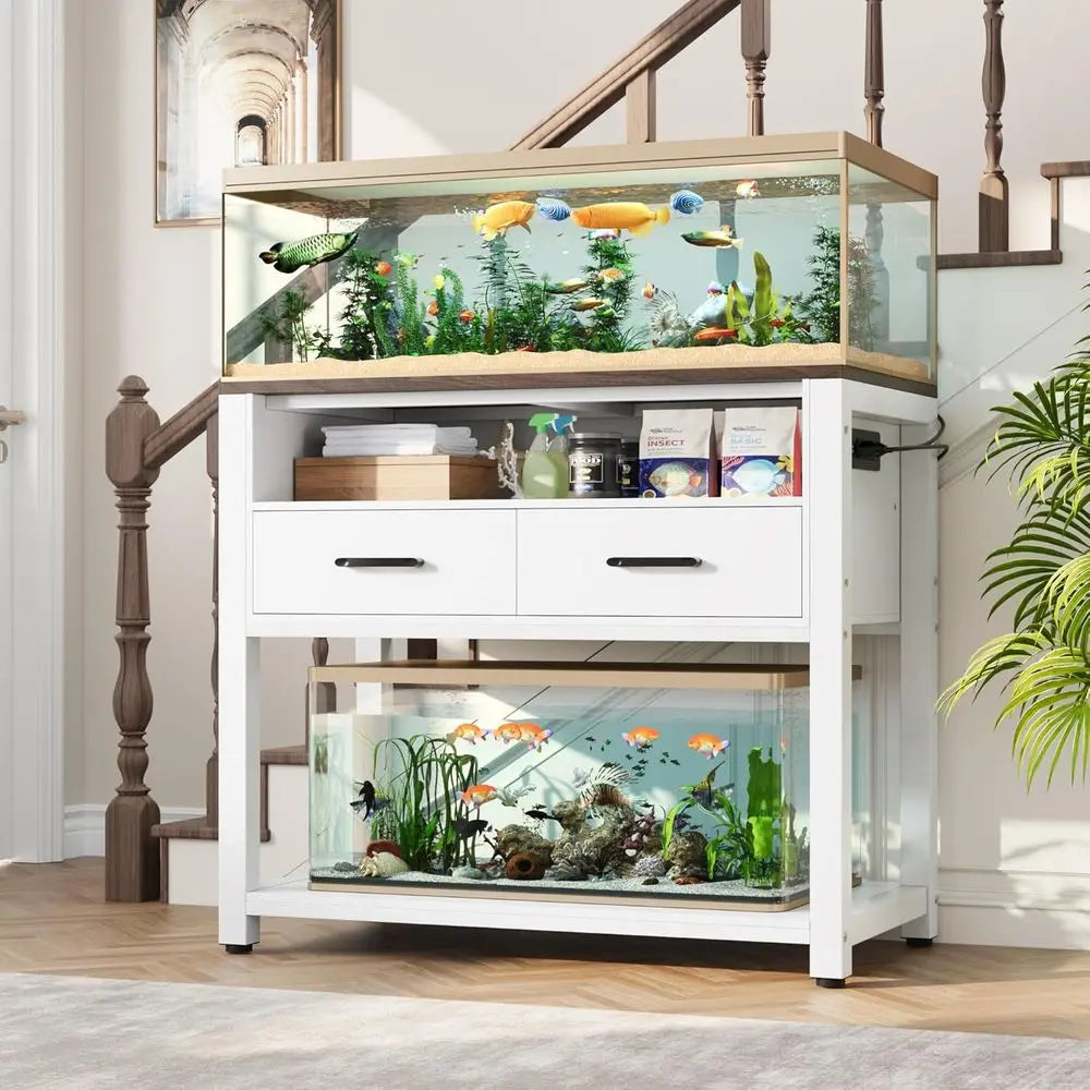 White Heavy-Duty 40-49 Gallon Aquarium Stand with 2 Drawers, Waterproof Mat, 800 lbs Capacity