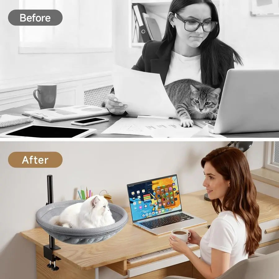 Desk Bed, 360 Rotating Height Adjustable Cat Hammock Desk Removable Washable Double-Sided Faux Rabbit Fur