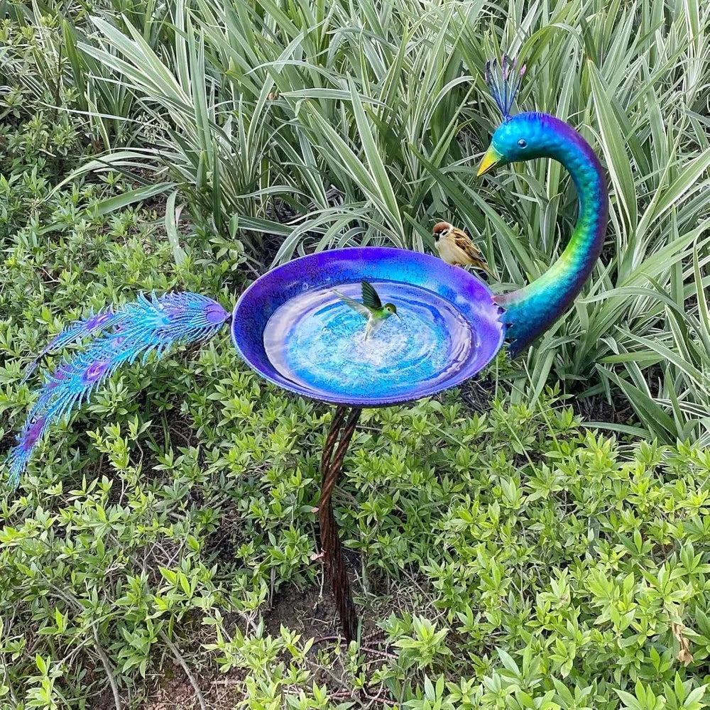 Peacock-Shaped Metal Bird Bath Feeder with Seed Tray, Outdoor Garden Decor