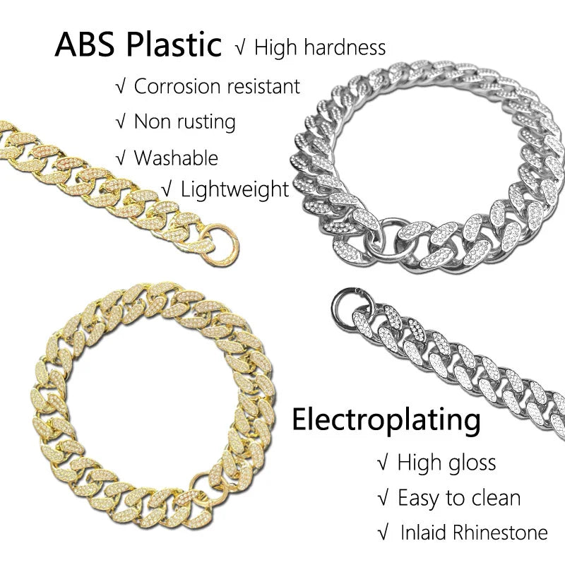 Plastic Dog Collar Chain, Diamond Inlay Sparkle Bulldog Necklace For Small Medium Large Dogs Golden
