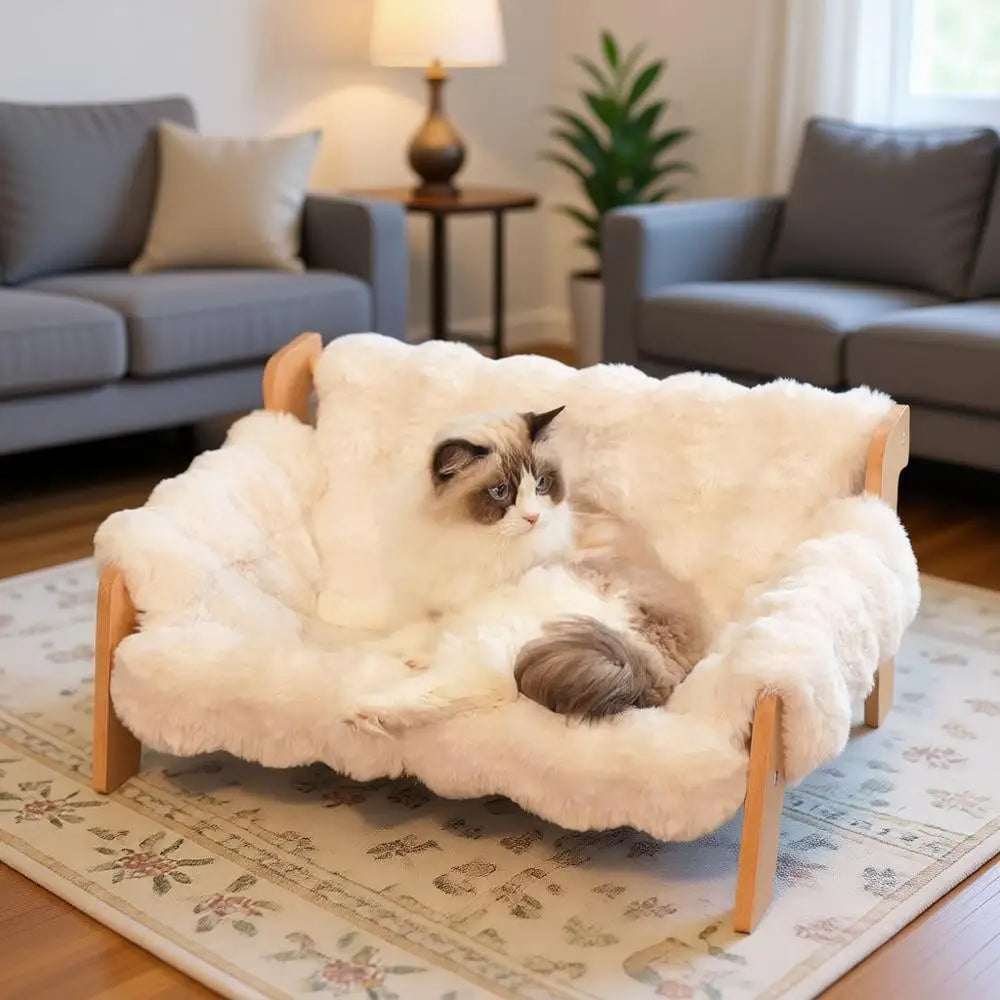 Wooden Cat Sofa with Removable Washable Fluffy Cover, Raised Kitty Lounge Chair Also Suitable for Puppy