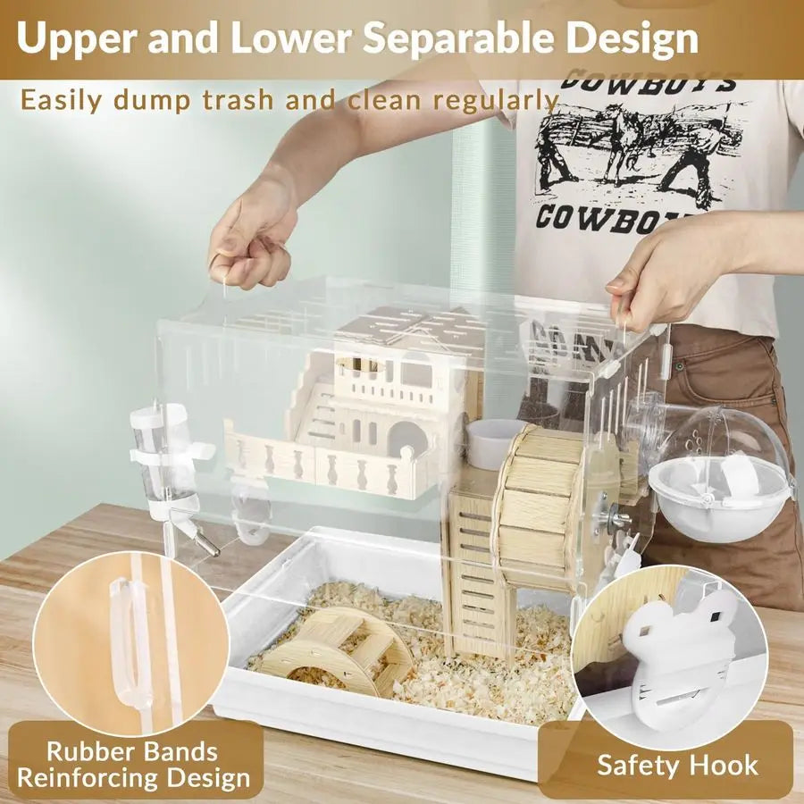 8 in 1 Acrylic Hamster Cage, 2Tier Cage with Wooden Wheel &Hideout