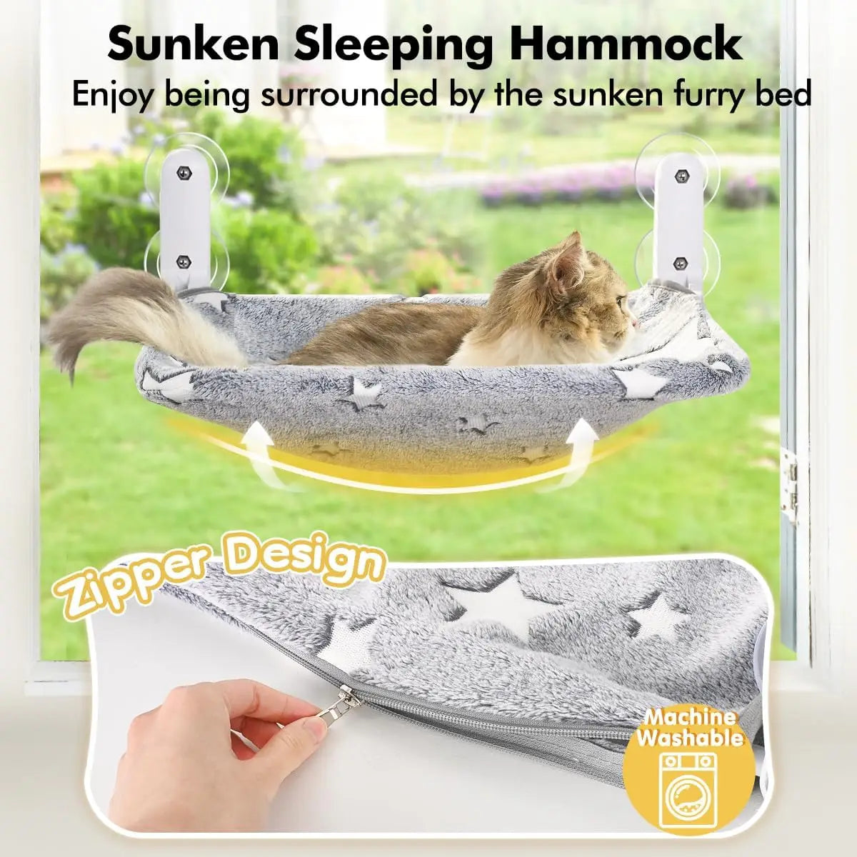 Cat Window Perch, Glow in The Dark Cord Hammock Bed for Window with Sturdy Metal Frame, Glowing Stars
