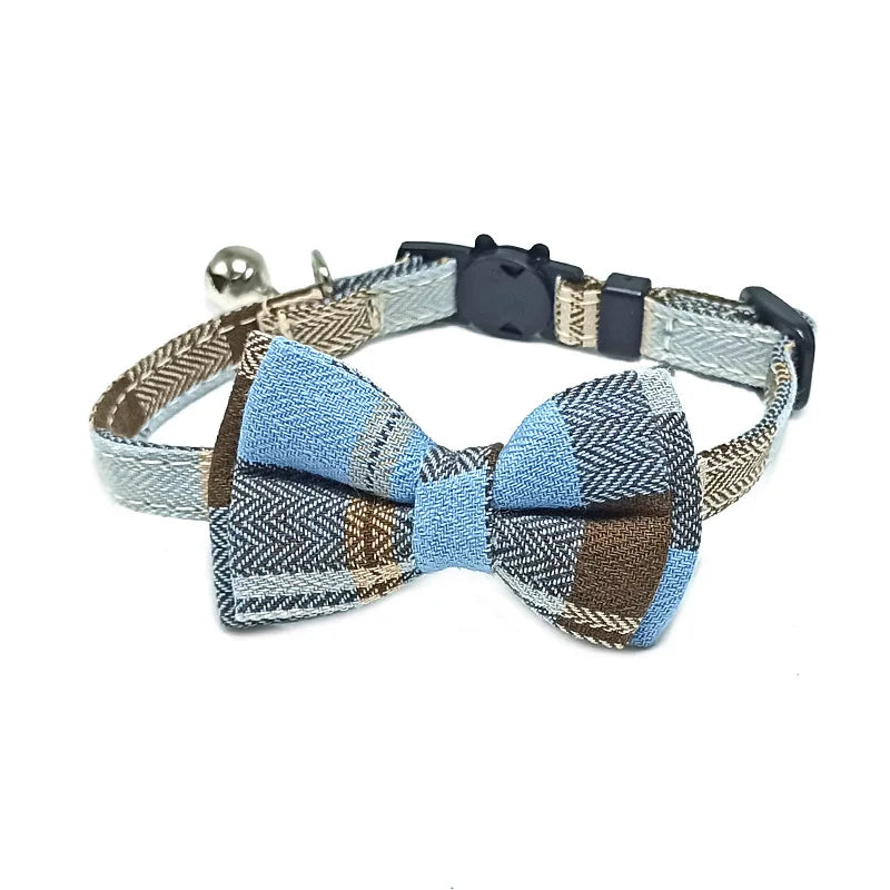 Pet Breakaway Cat Collar Bow Tie and Bell Cute Plaid, Elastic Adjustable Dog Collar With Sash