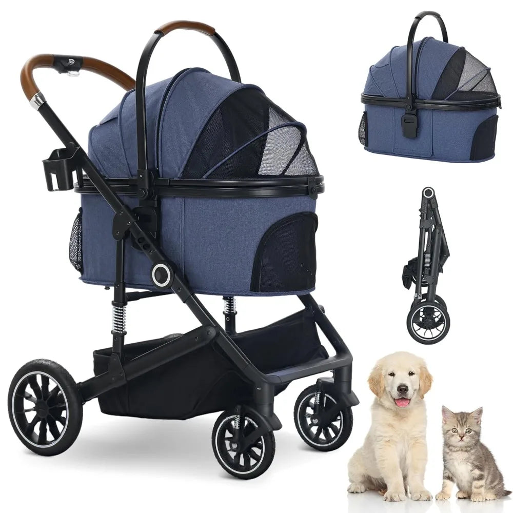 Pet Stroller with 4 Wheels, 3 in 1 Folding Puppy Strollers for Small/Medium Dogs Cats up to 50lbs, Lightweight Pet Travel Carrie