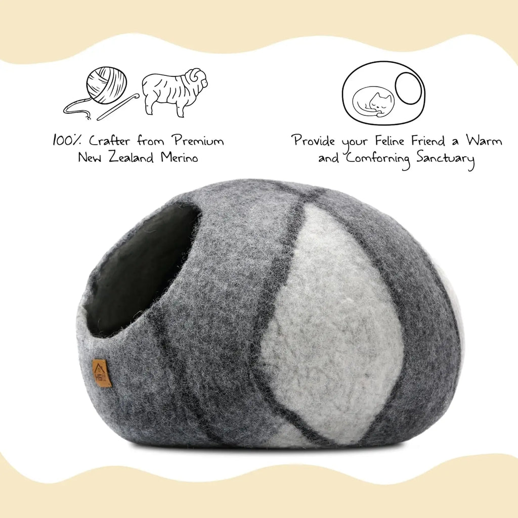 Premium Wool Cat Cave Handmade Natural Felt Bed for Cats Indoor Hideaway Large Gray White