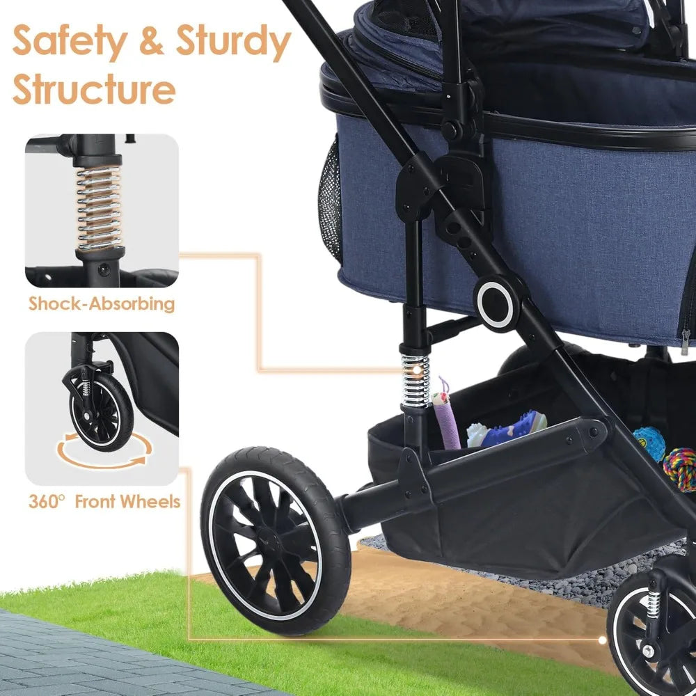 Pet Stroller with 4 Wheels, 3 in 1 Folding Puppy Strollers for Small/Medium Dogs Cats up to 50lbs, Lightweight Pet Travel Carrie