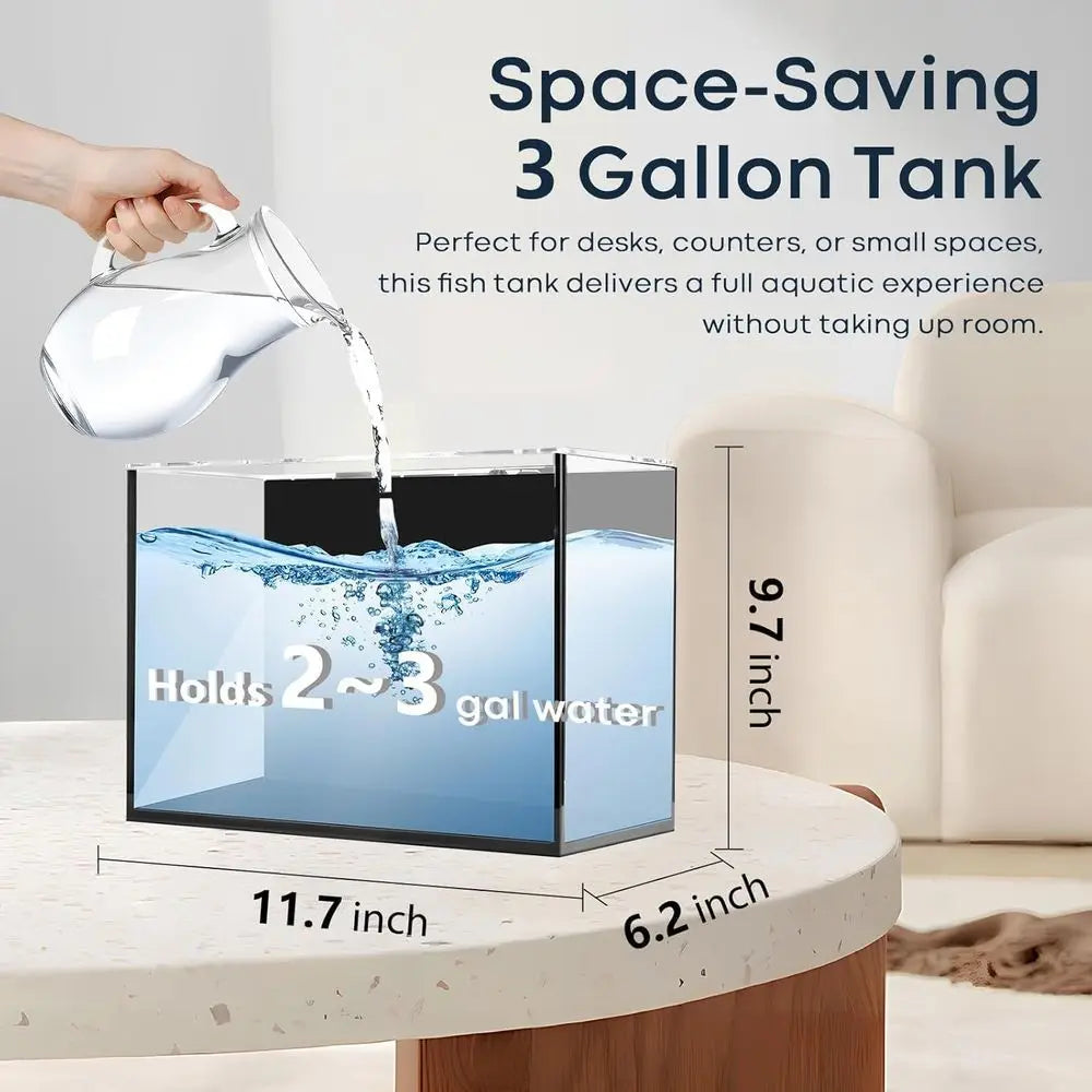 3 Gallon Small Aquarium Set Glass Fish Tank With Heater, Water Pump, Cleaning System, Filter Bright Light, Rocks