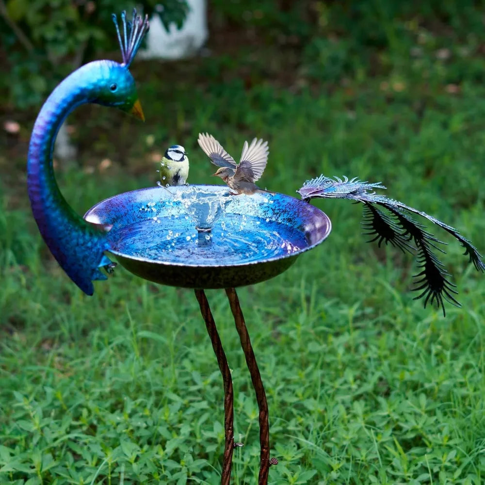 Peacock-Shaped Metal Bird Bath Feeder with Seed Tray, Outdoor Garden Decor