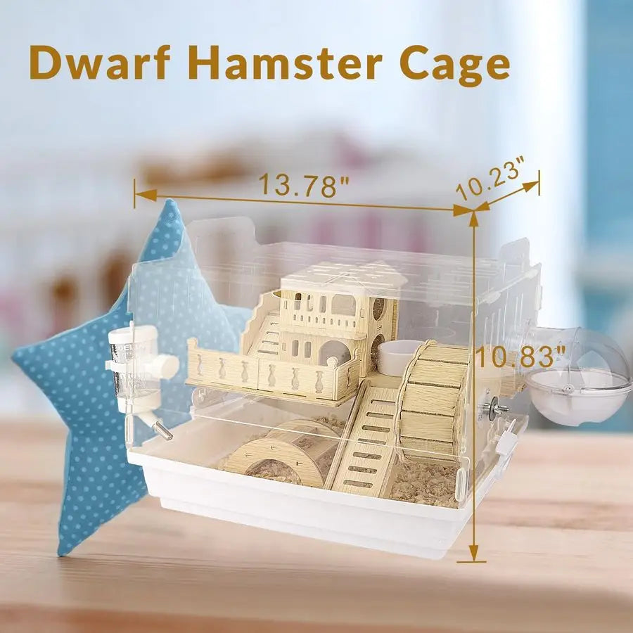 8 in 1 Acrylic Hamster Cage, 2Tier Cage with Wooden Wheel &Hideout