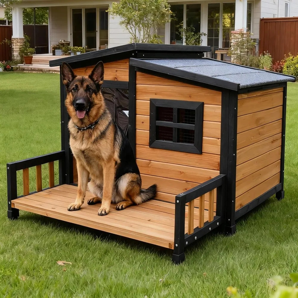 Indoor/Outdoor Dog House, Wood Insulated, Weatherproof Outside Shelter with Elevated Floor