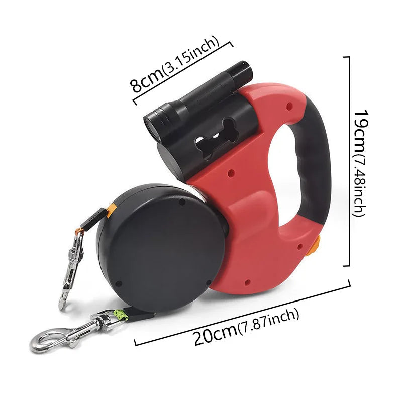 3in1 Double Head Automatic retractable Dog leash, Flashlight, Poop Bag Dispenser, Reflective