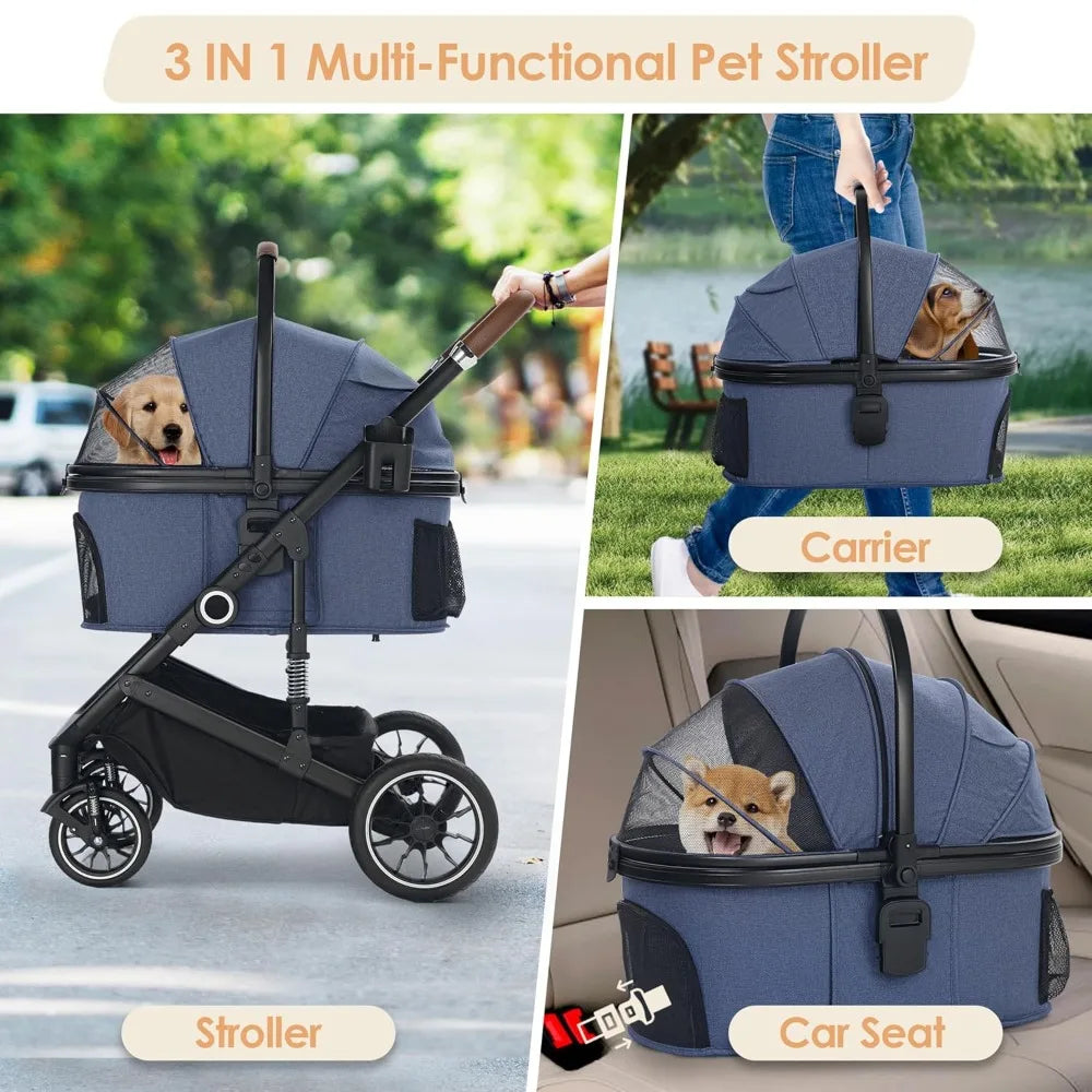 Pet Stroller with 4 Wheels, 3 in 1 Folding Puppy Strollers for Small/Medium Dogs Cats up to 50lbs, Lightweight Pet Travel Carrie