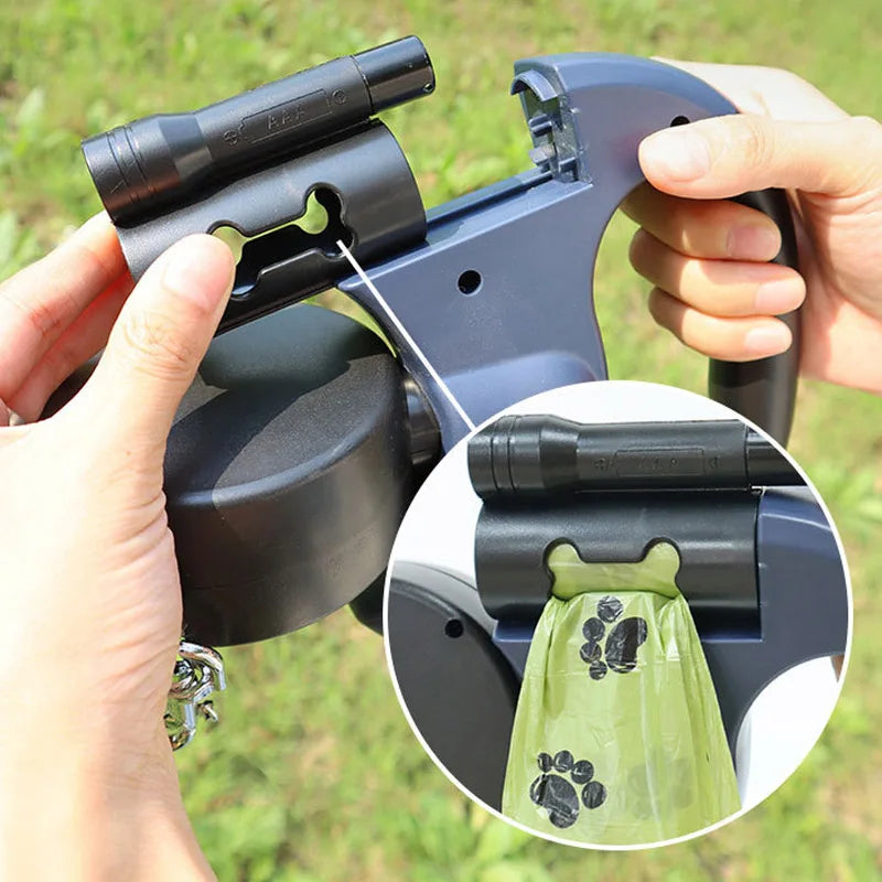3in1 Double Head Automatic retractable Dog leash, Flashlight, Poop Bag Dispenser, Reflective