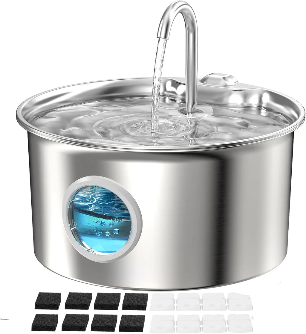 Stainless Steel Cat Water Fountain with 8 Filters & Sponges - 2.6L Quiet Pet Drinking Bowl