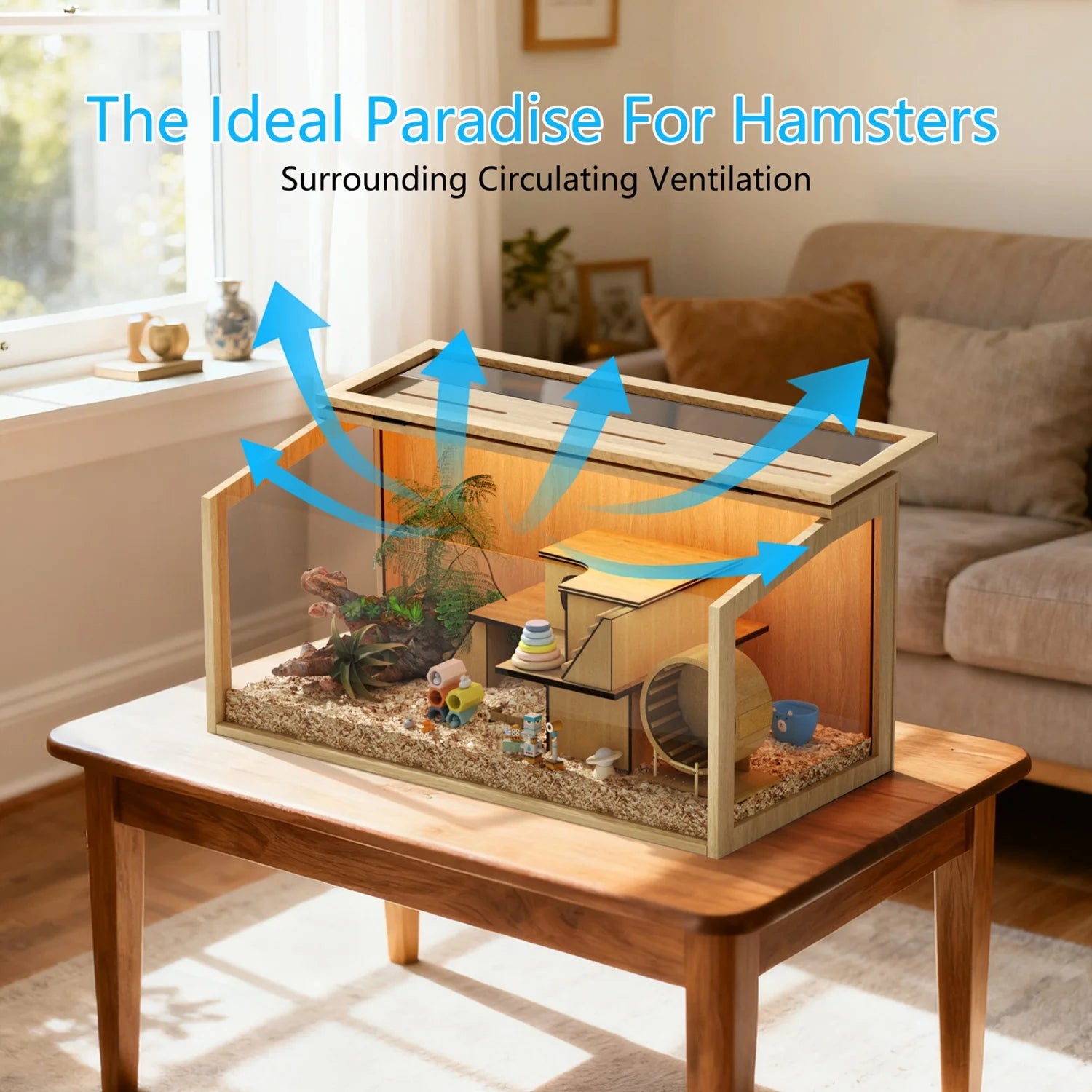 Hamster/Guinea Pig Cage Chewproof Tempered Glass Panels Built-in LED Light