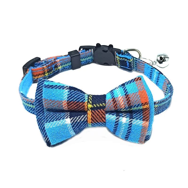 Pet Breakaway Cat Collar Bow Tie and Bell Cute Plaid, Elastic Adjustable Dog Collar With Sash
