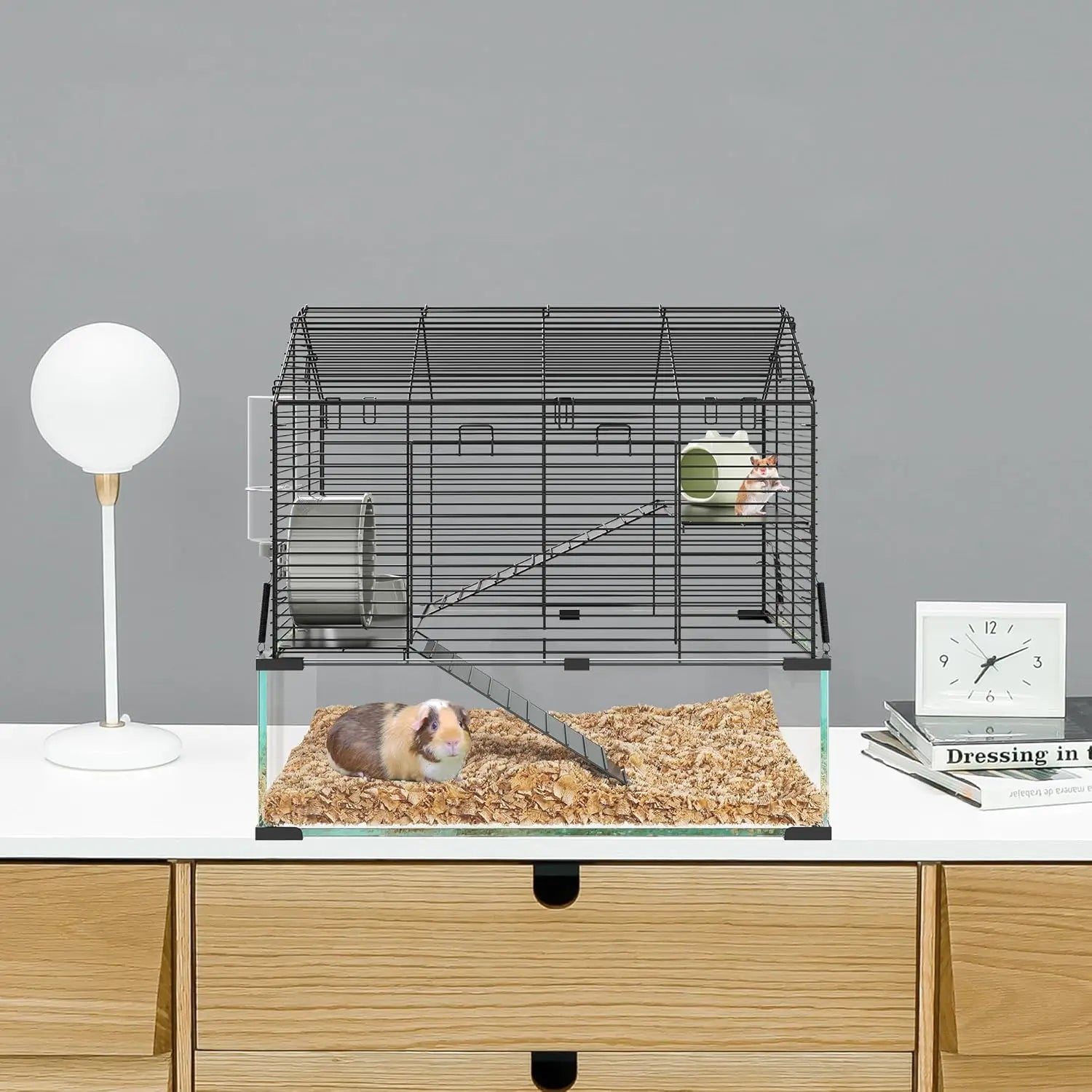 Metal Hamster Cage, Transparent Small Animal Cage Habitats with Water Bottle