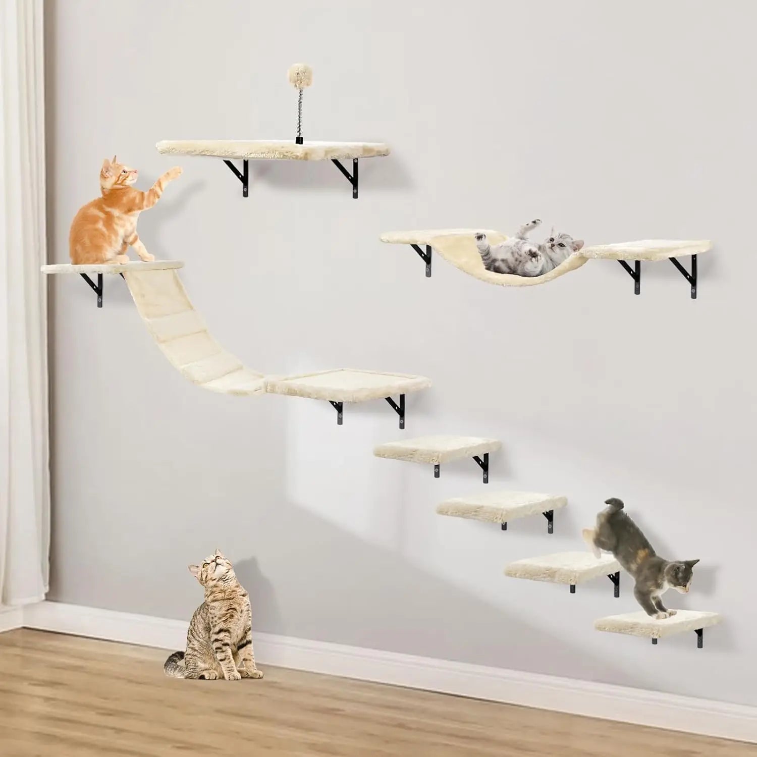 Wall-Mounted Cat Climber Set with Shelves, Perches, Bridge, Hammock & Scratching Board