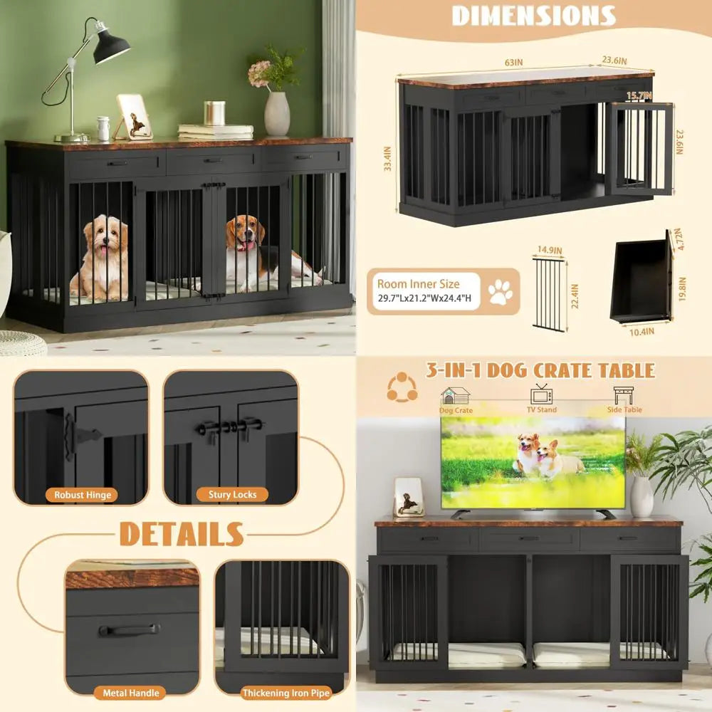 Large Heavy Duty Double Dog Crate/Wooden Kennel Furniture with 3 Drawers for Two Dogs