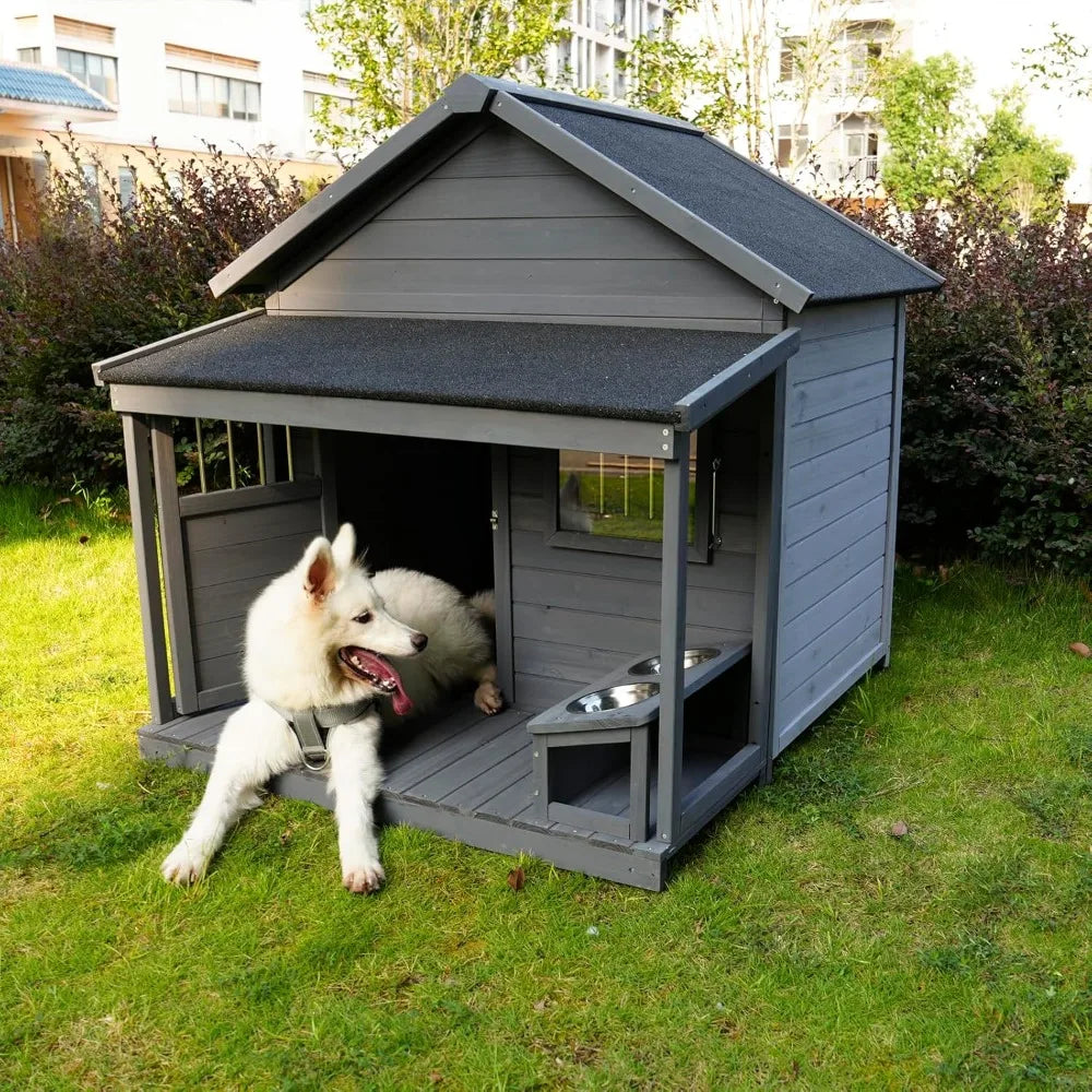 Dog House with Porch And with Dog Bowl, Door, Window, Removable Base Plate, Weatherproof Dog Kennel