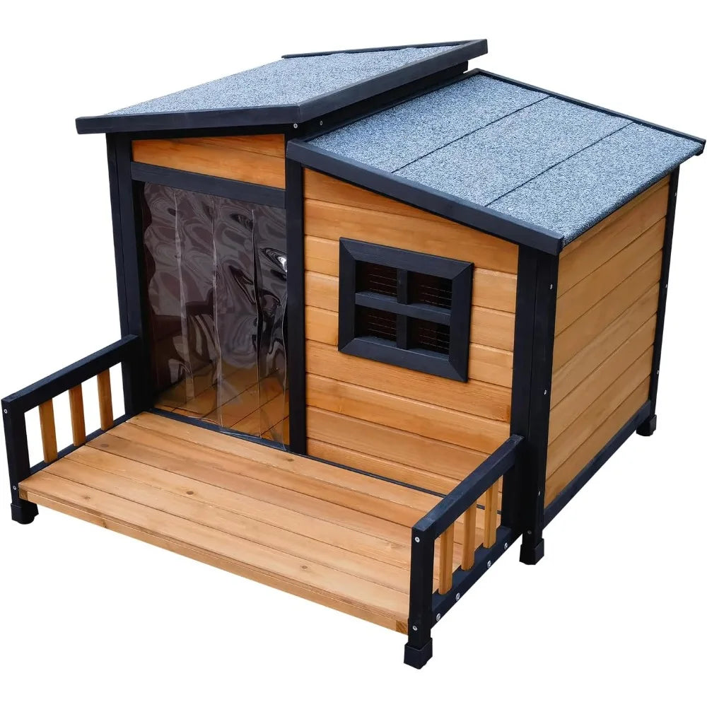 Indoor/Outdoor Dog House, Wood Insulated, Weatherproof Outside Shelter with Elevated Floor