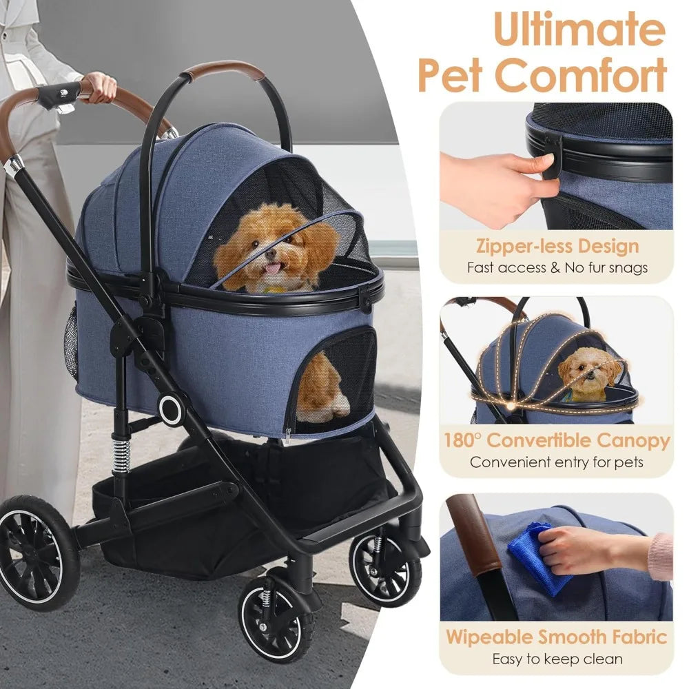 Pet Stroller with 4 Wheels, 3 in 1 Folding Puppy Strollers for Small/Medium Dogs Cats up to 50lbs, Lightweight Pet Travel Carrie