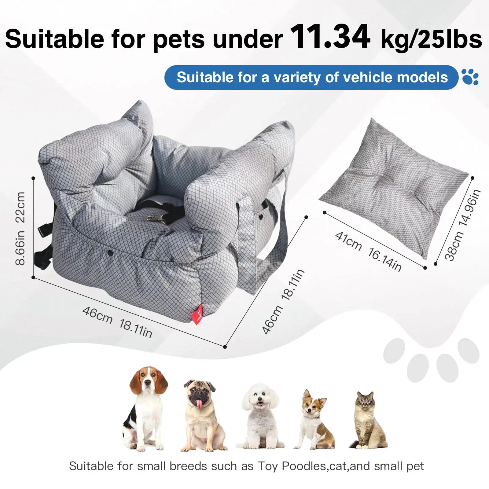 2-in-1 Dog Car Seat Carrier Bag - Detachable with Handles and Safety Belt, Travel Dog Booster Seat for Small Medium Dogs Cats