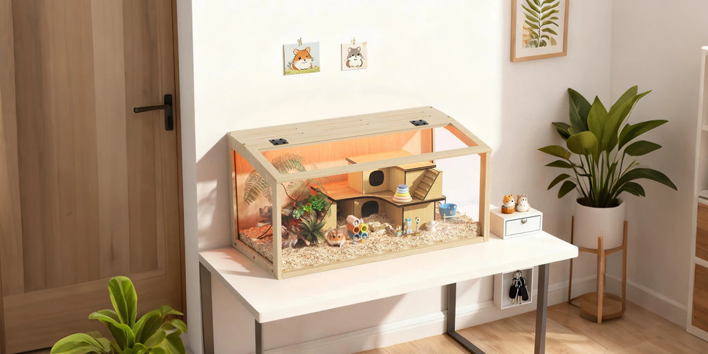 Hamster/Guinea Pig Cage Chewproof Tempered Glass Panels Built-in LED Light