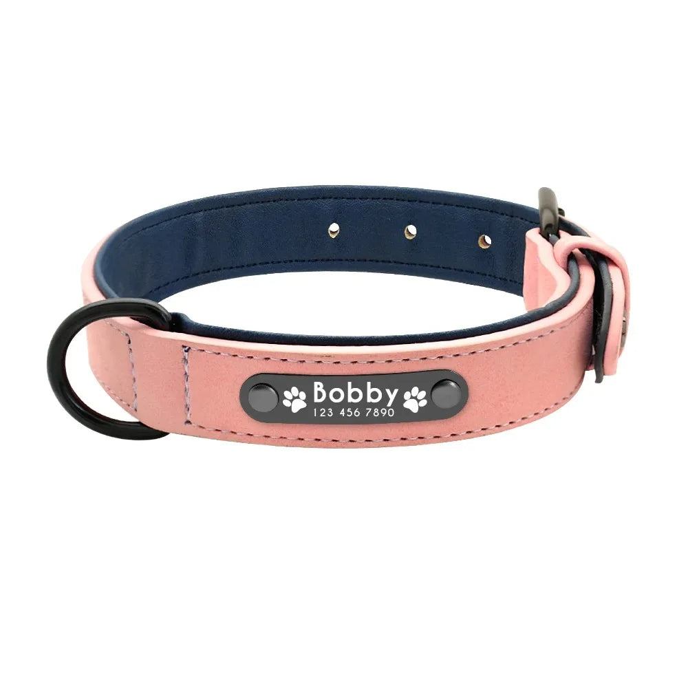 Personalized Name ID Tags, Text name Leather Dog Collar For Small Medium Large Dogs