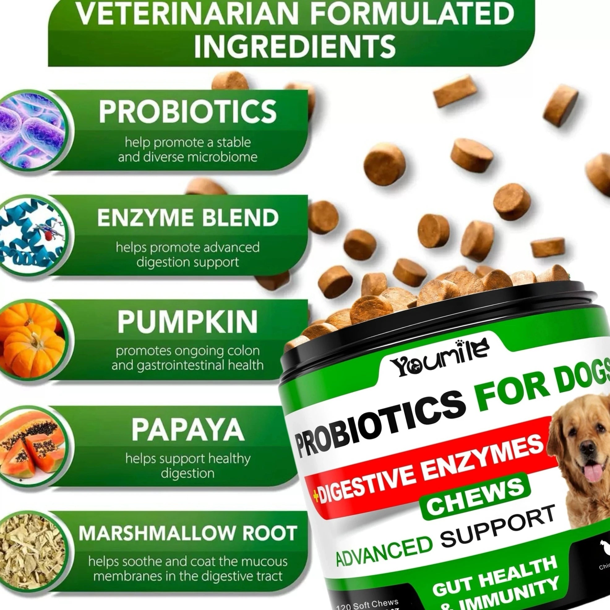 【120 Chews】Probiotics for Dogs-  - Relieve stomach sensitivity and dog gut health probiotics - Digestive Remedies